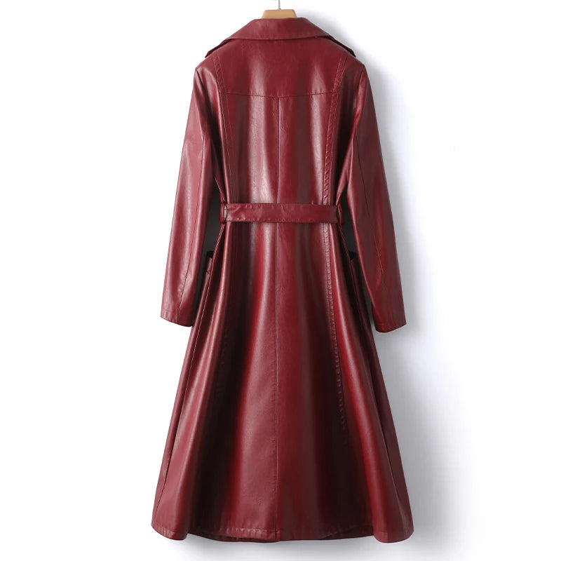 Wine Red Double Breasted Belt Lambskin Sheepskin Trench Coat