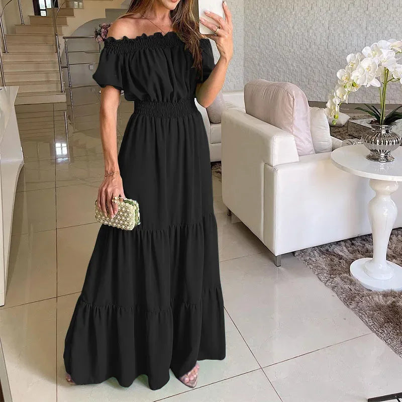 Off Shoulder Hem Lace Up Maxi Dress black S