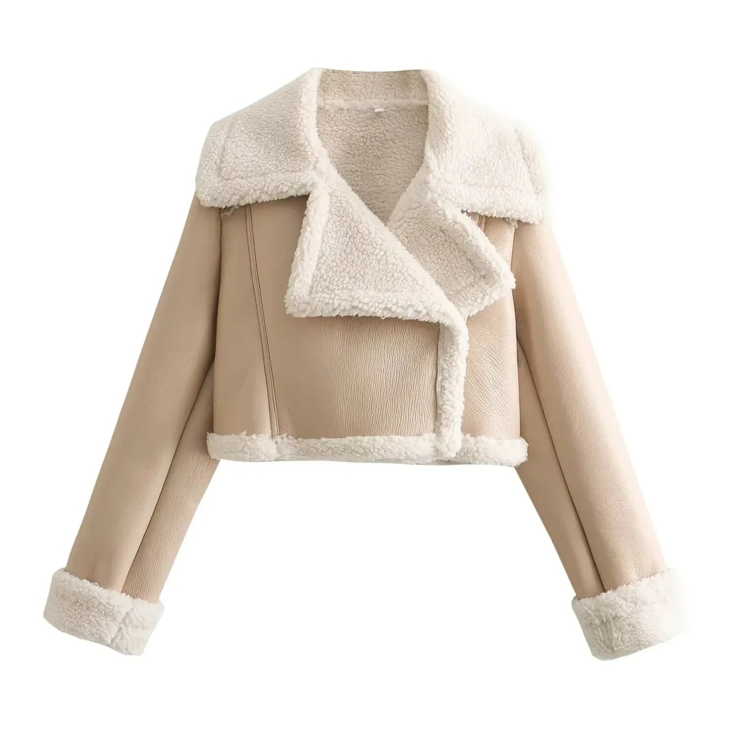 Plush Long Sleeves Short Coat Jacket Beige S