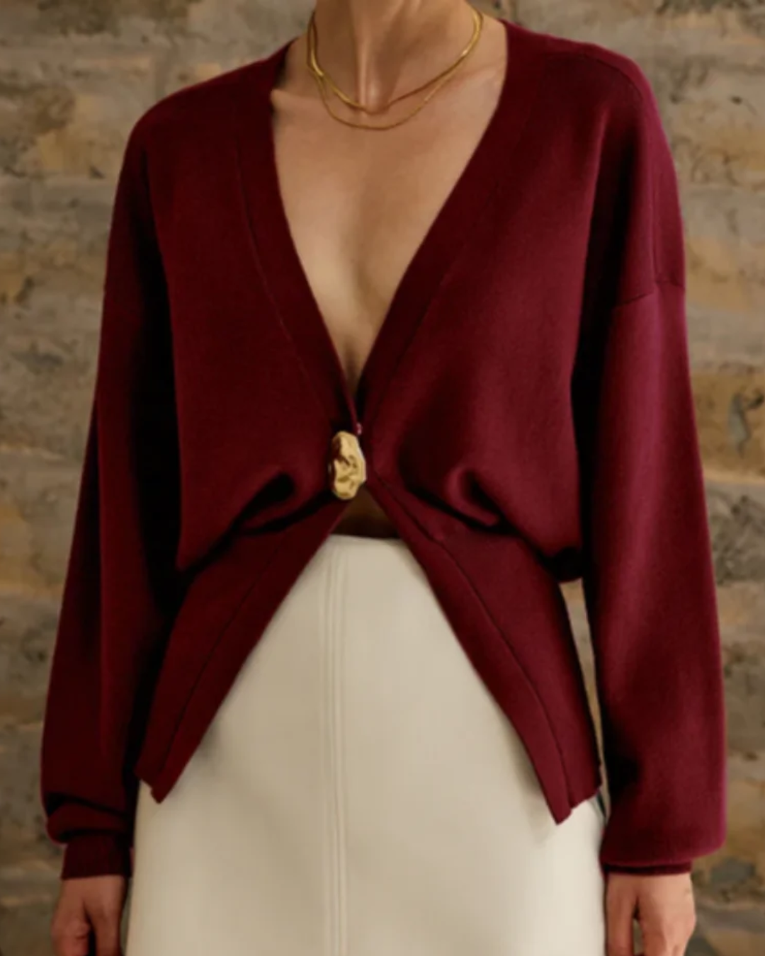 Deep V-Neck Knitted Cardigan Wine Red S 