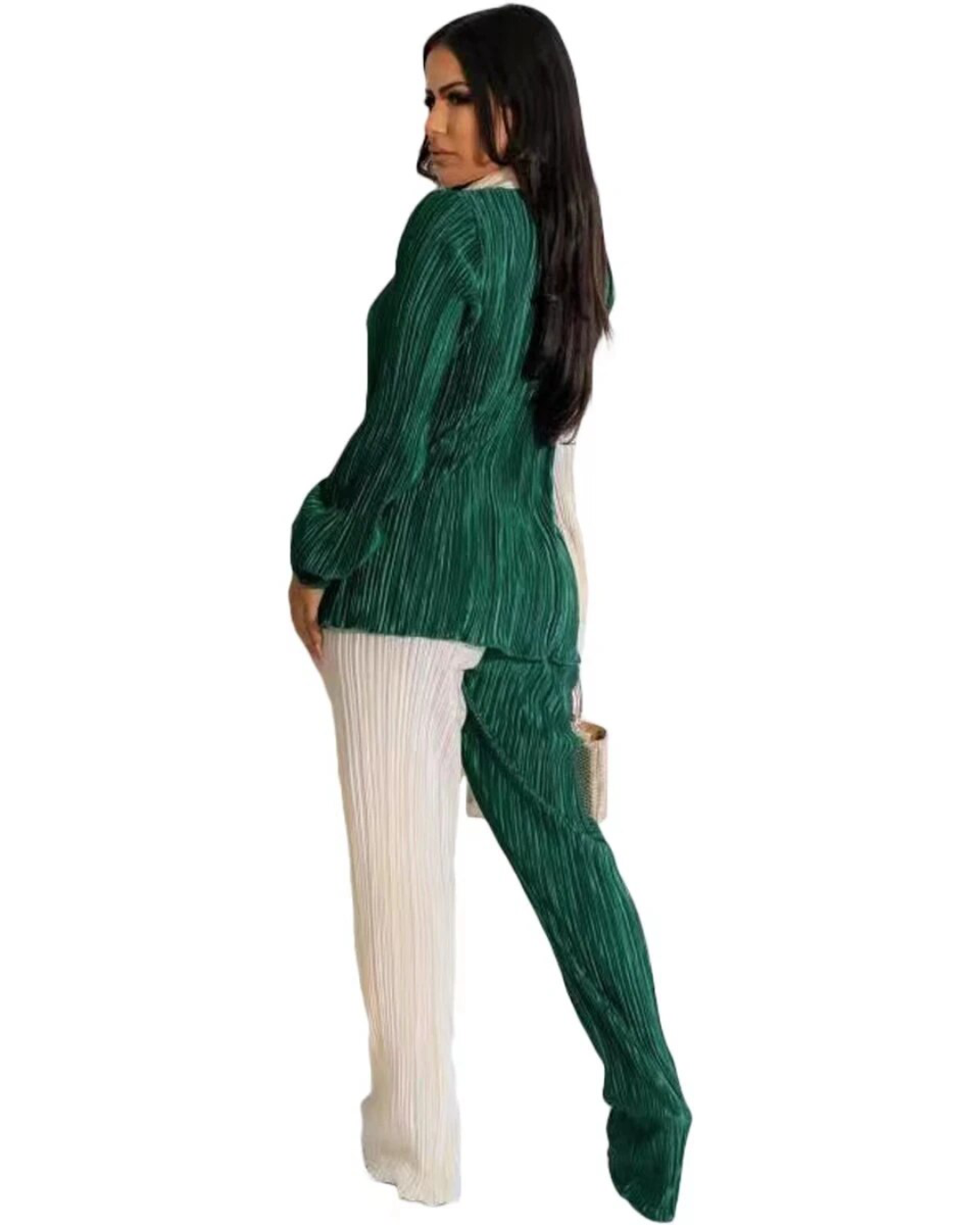 Pleated Spliced Long Sleeve Shirt and Wide Pants Set   