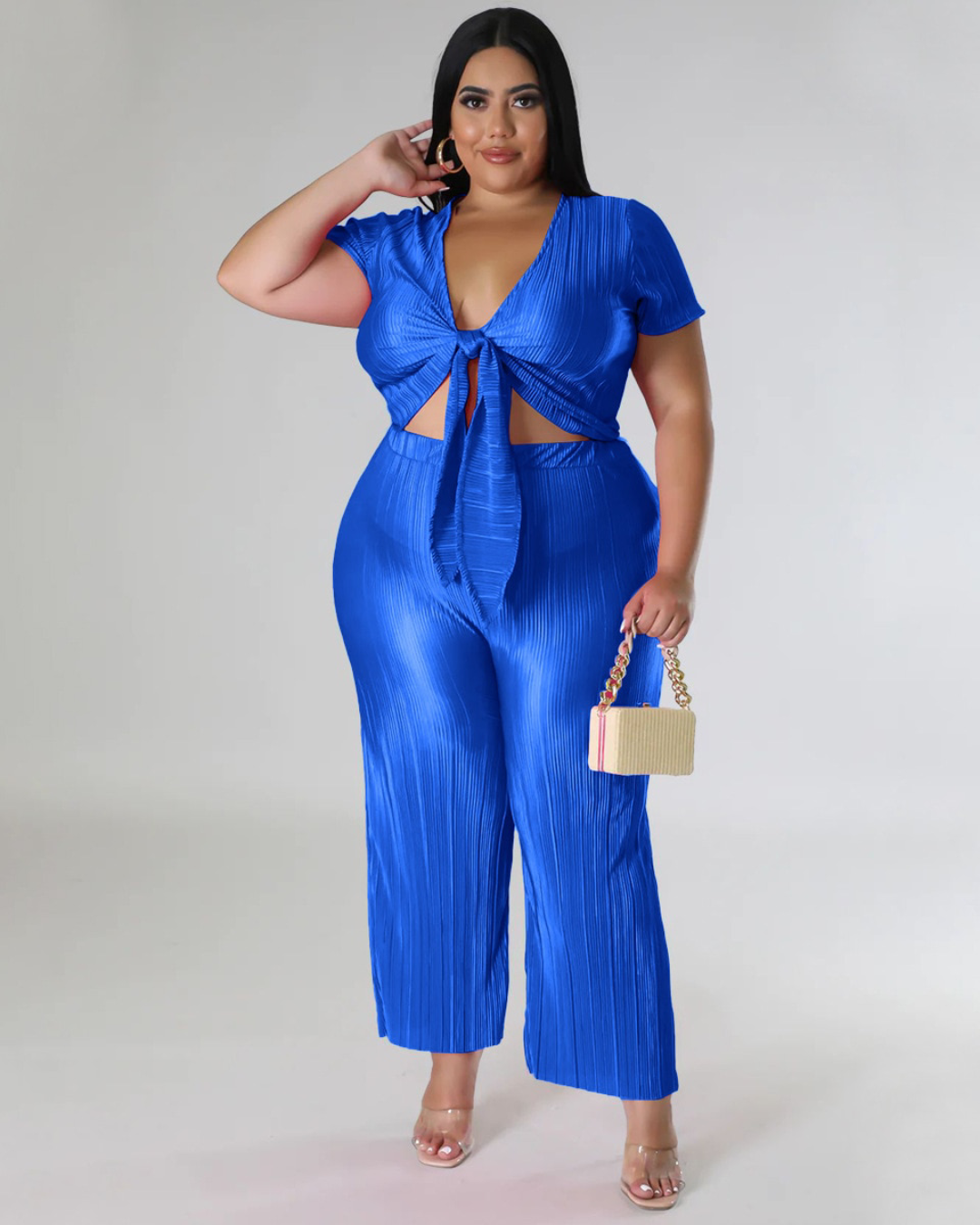 Plus Size Pleated V Neck Two Piece Set Blue L 