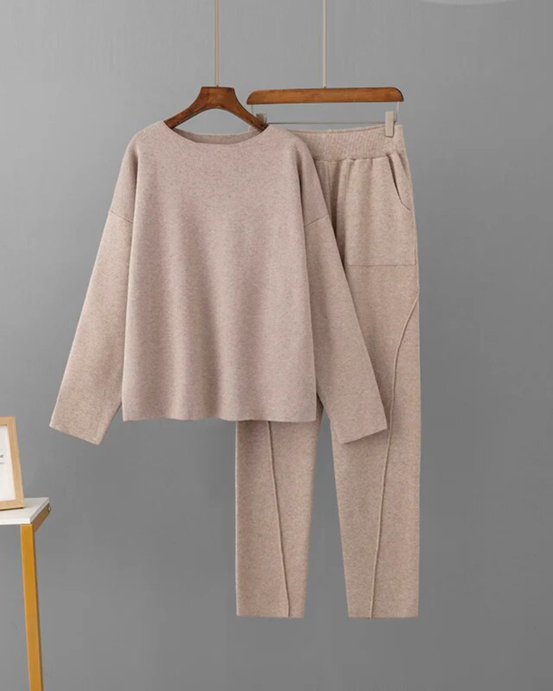 O Neck Loose Sweater & Pants Set Khaki One Size 