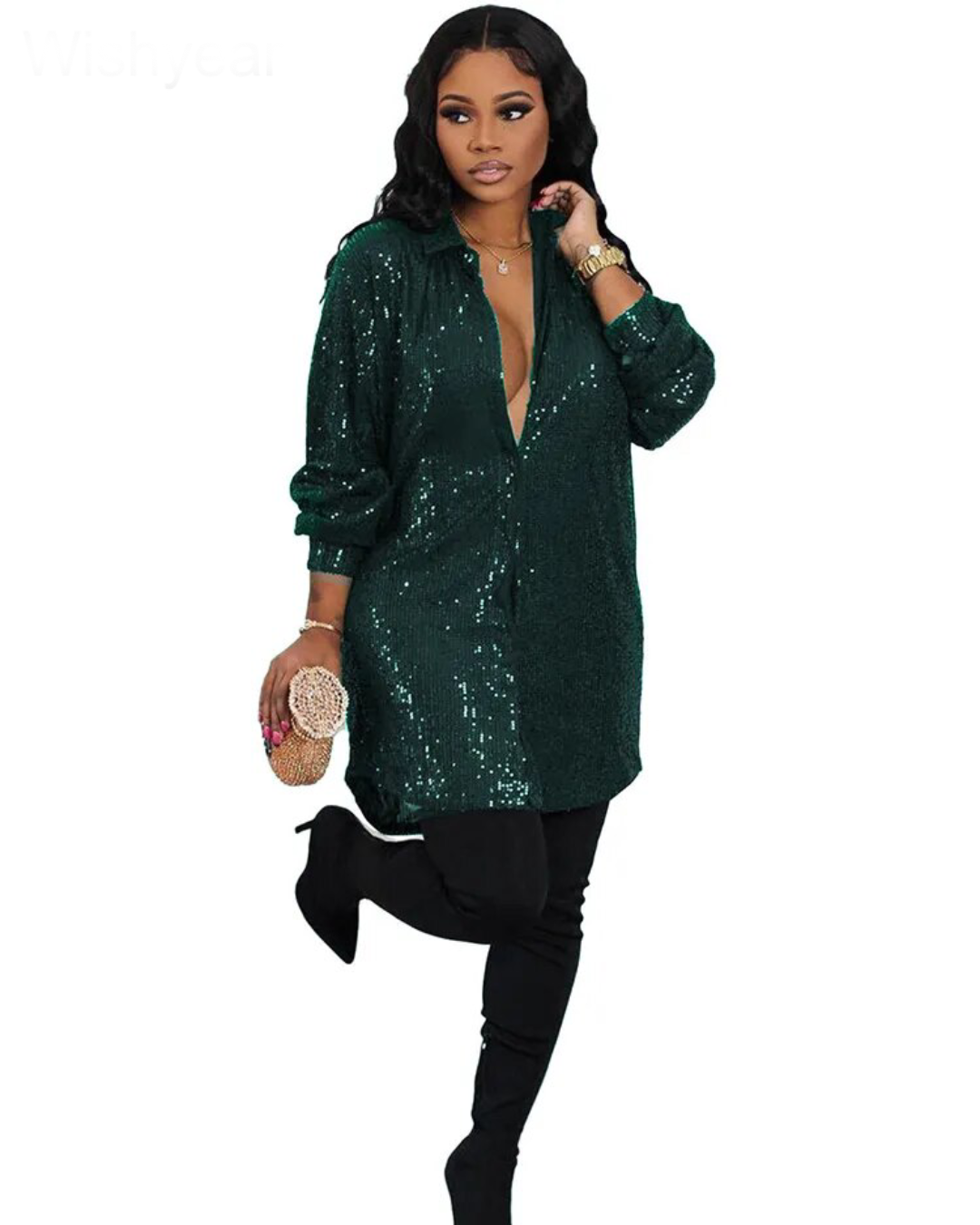 Long Sleeve Sequin Short Dress Green S 