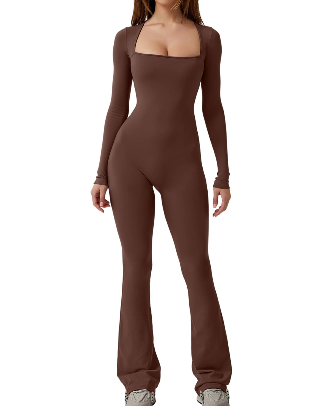 Long Sleeve Square Neck Jumpsuit Dark Brown S 