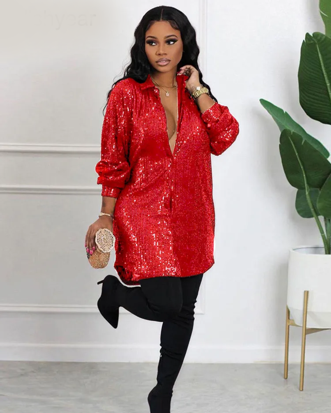 Long Sleeve Sequin Short Dress Red S 