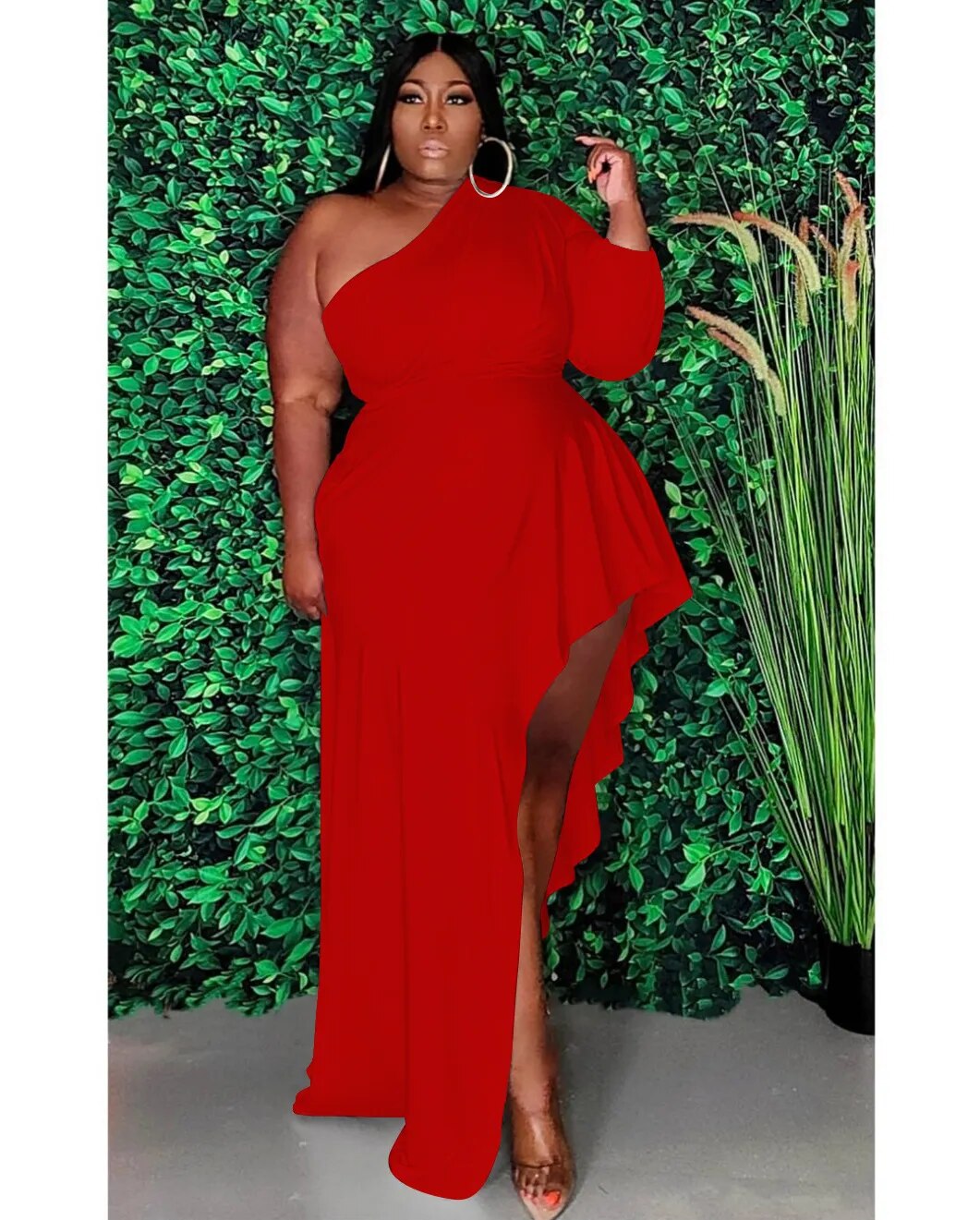 Plus Size One Shoulder Ruffle Dress Red XL 