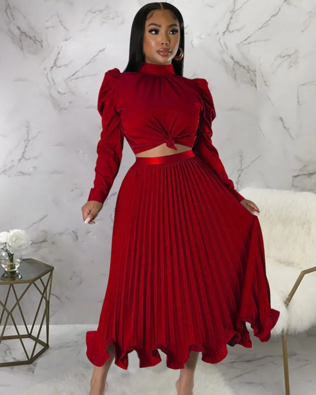 O-Neck Lantern Sleeve Top & Long Skirt Set Red S 