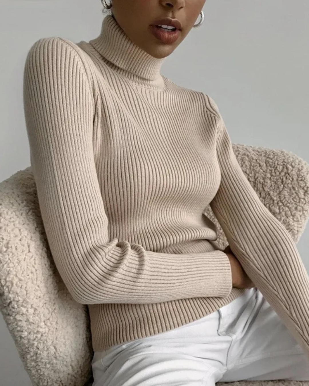 Long Sleeve Slim Turtleneck Sweater Khaki One Size 