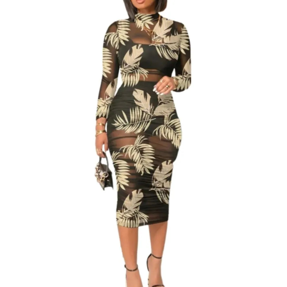 Floral Printed Sexy Mesh Gauze Mid Length Dress