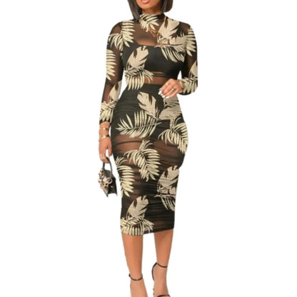Floral Printed Sexy Mesh Gauze Mid Length Dress