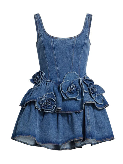 3D Flower Double-layer Denim Bow Mini Dress