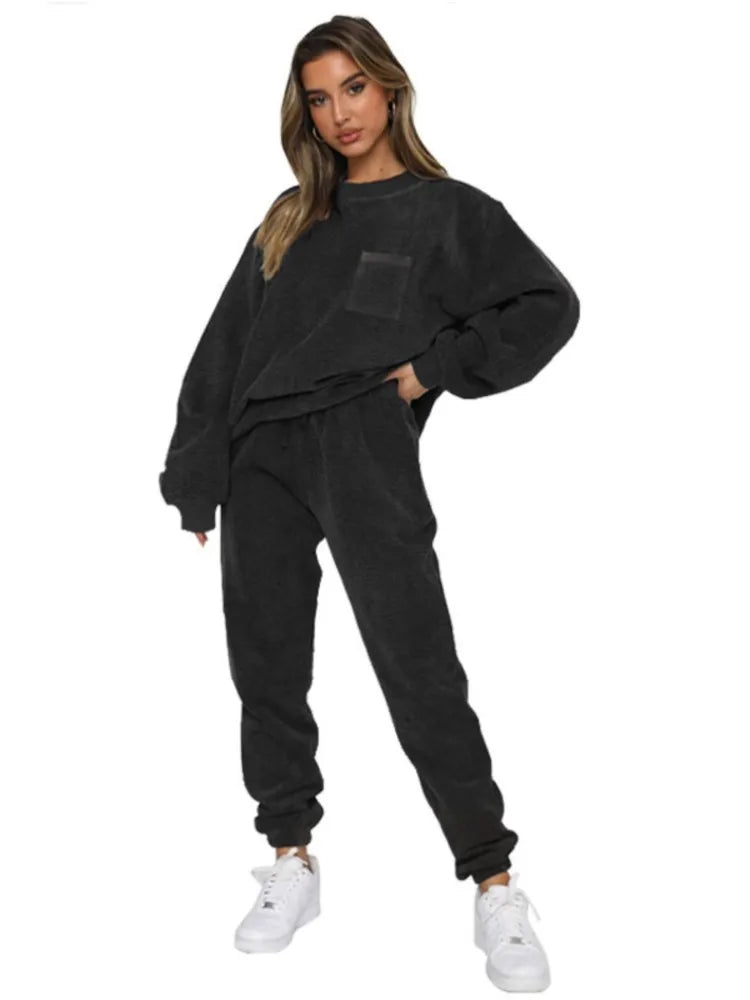 Women's 2-Piece Corduroy Solid Color Pullover with Long Sleeves Dark Grey XL