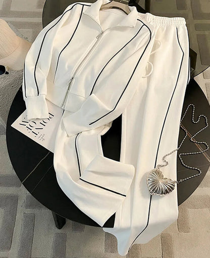 Cozy Striped Contrast Sweatshirt Pants Set Women Casual Lapel Full Sleeve Zipper Tops Long Trousers 2025 Autumn Lady Sportswear