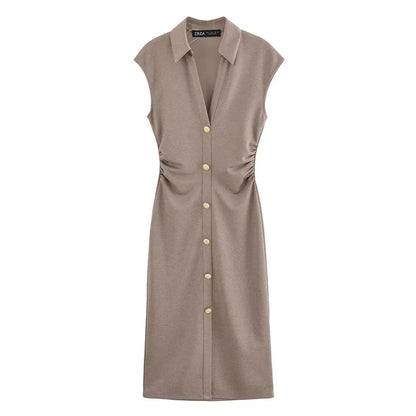 Fitted Button-Front Dress Brown S