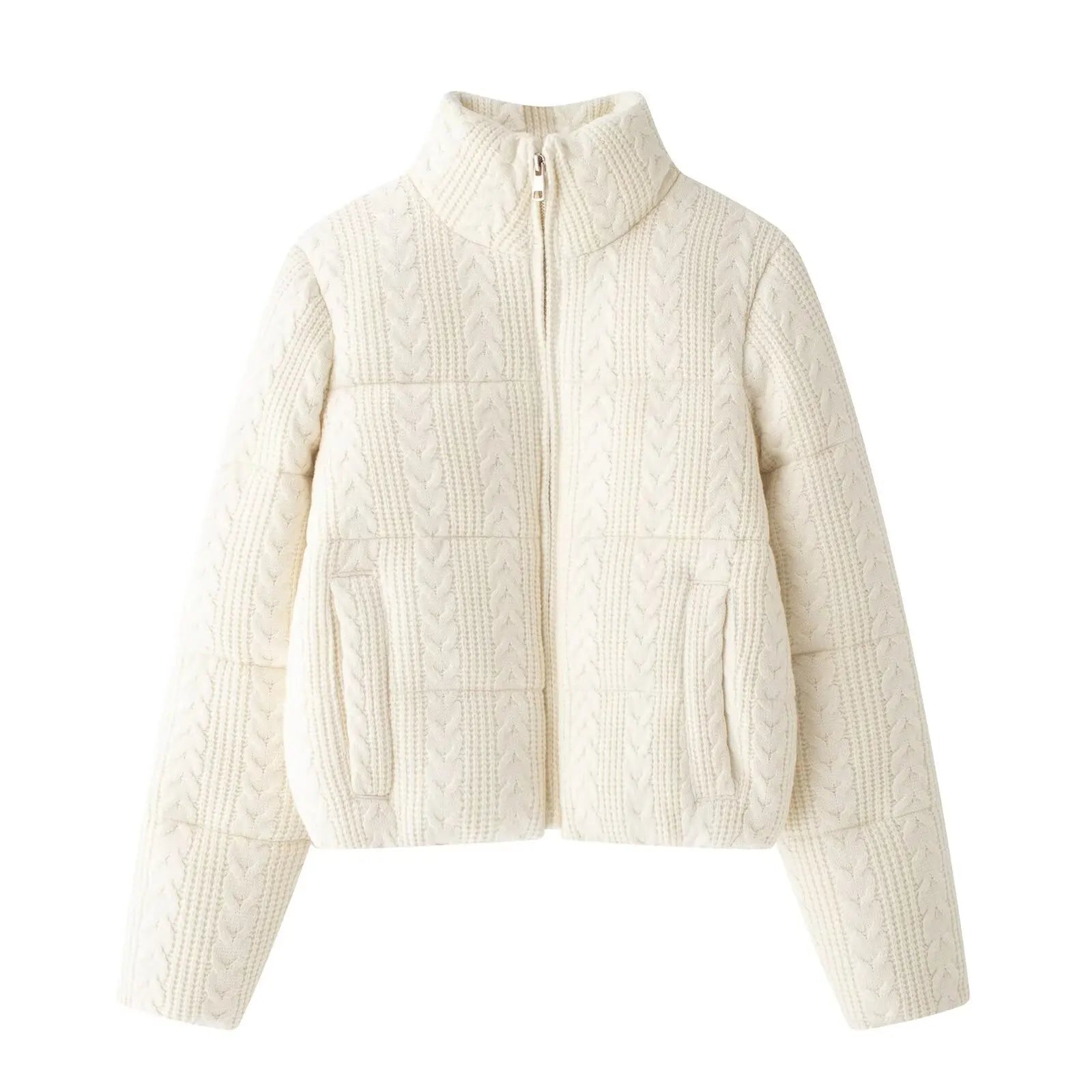 Cotton Knitted Short Stand Collar Coat Beige L