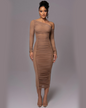 Diagonal Collar Long Sleeve Backless Midi Dress Brown S 