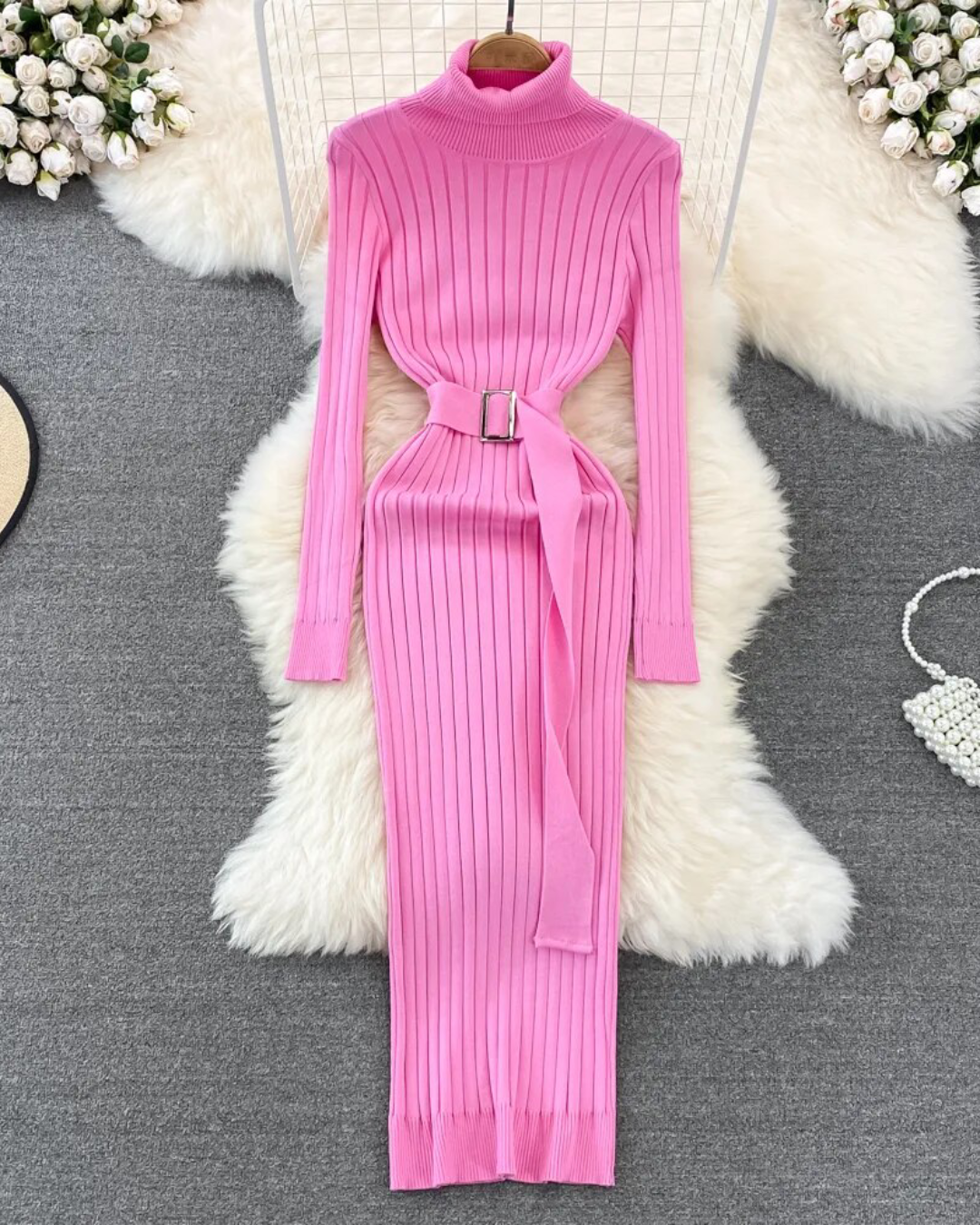 Turtleneck Long Sleeve Knitted Dress Pink One Size 