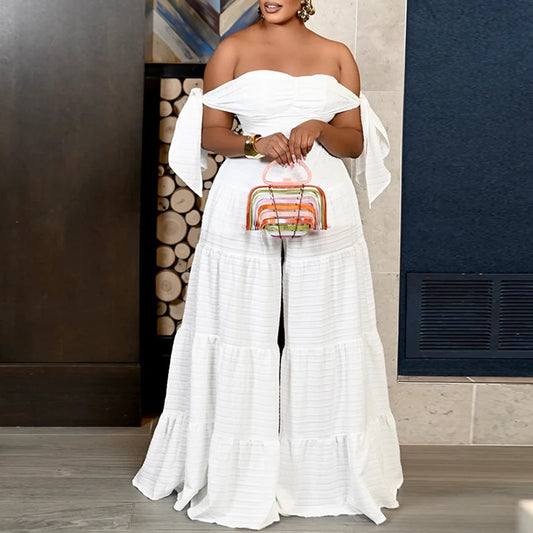 Backless Belted Off Shoulder Wide Leg Jumpsuits