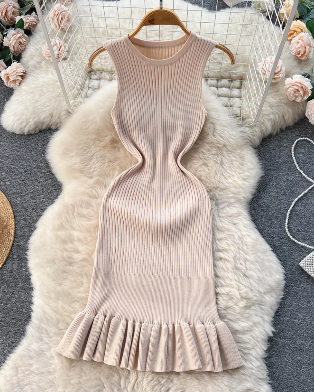 Hips Ruffles Bodycon Dress Beige One Size 