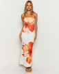 Flower Print Sleeveless Long Dress White S 