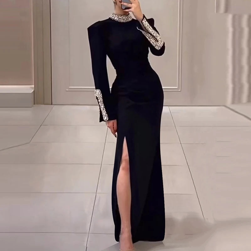 Elegant Vintage Shiny Rhinestone Turtleneck Dress