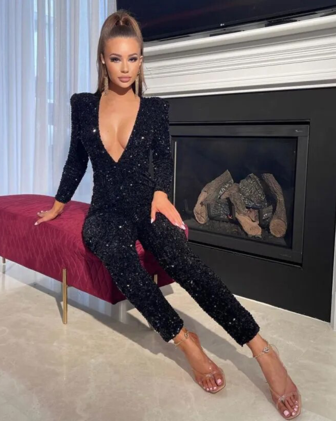 Deep V Neck Draped Sequins Jumpsuit   