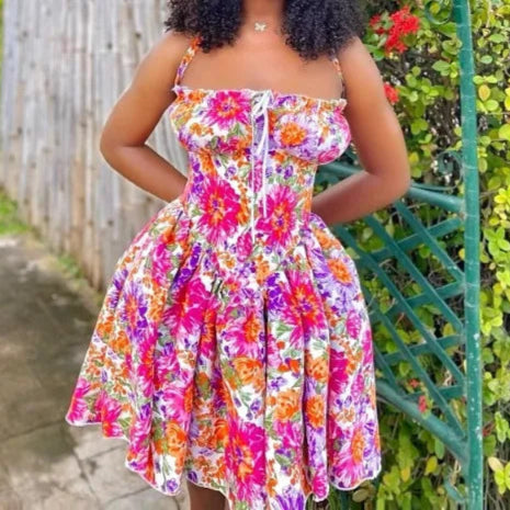 Sexy Floral Printed Pleated Halter-Neck Lace-Up Dress