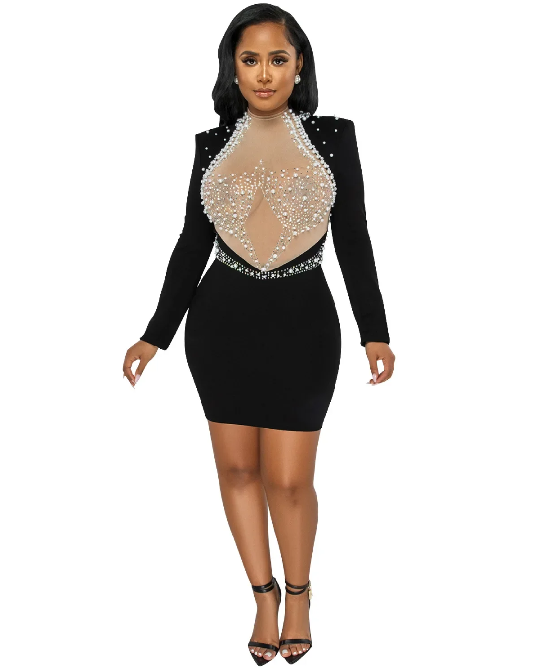 Pearl Mesh Bodycon Dress Black S 