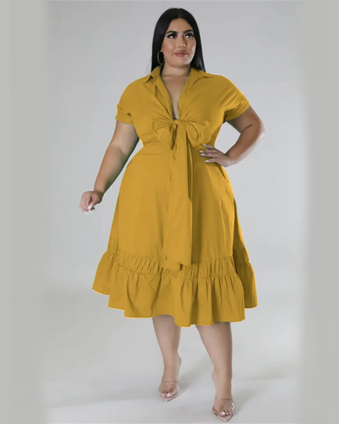 Plus Size Bandage Bow Dress Yellow XL 