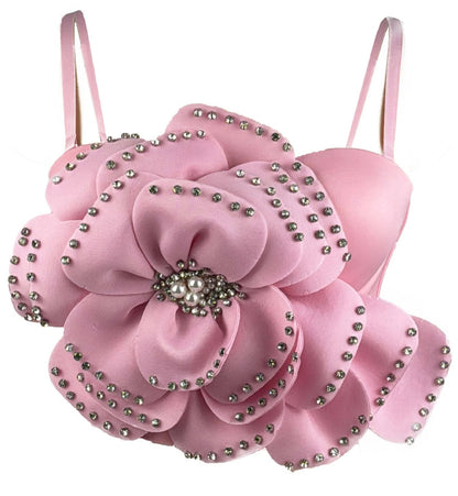 Sexy Beaded Flower Corset Crop Top Pink XL