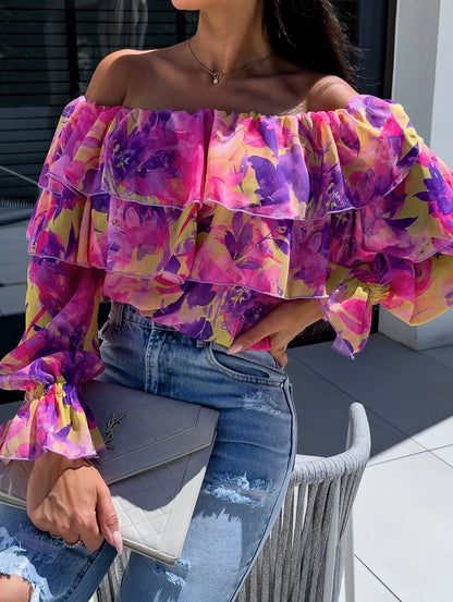 Boho Floral Off-Shoulder Long Sleeve Blouse Purple S
