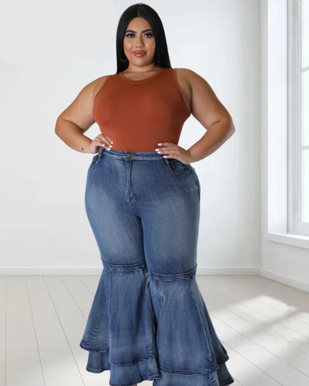 Plus Size High Waist Flared Pants Blue XL 