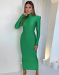 Solid Color Long Sleeve Turtleneck Dress Green S 