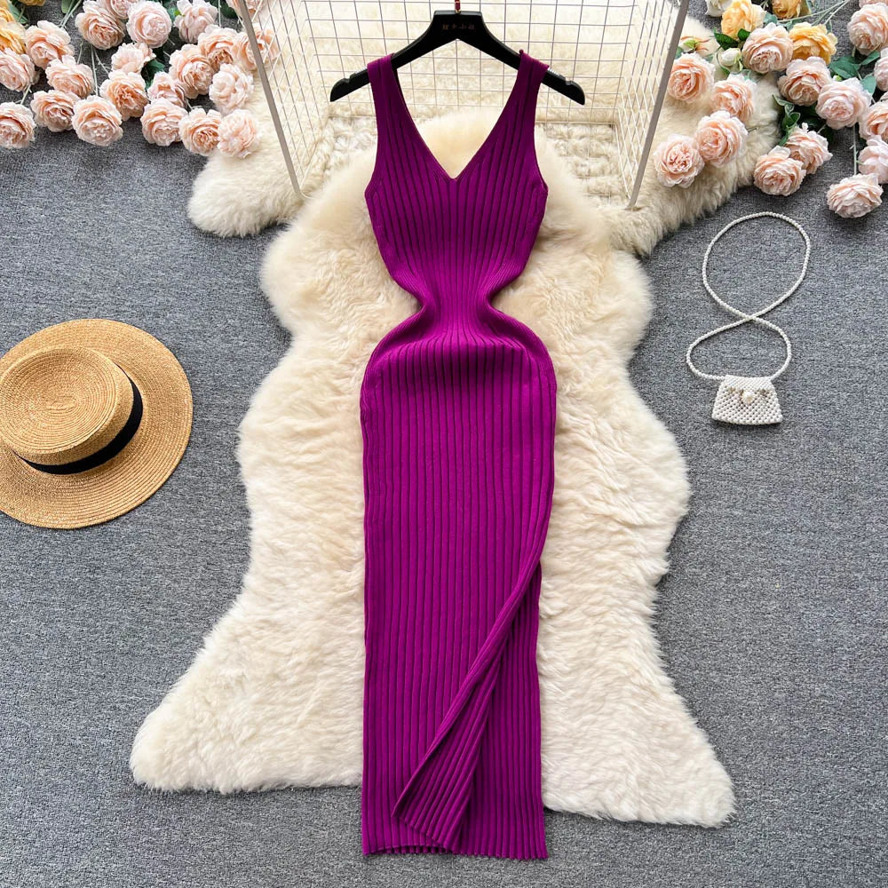 Stretchy Sleeveless Knitted Dress One Size PURPLE