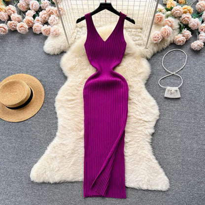 Stretchy Sleeveless Knitted Dress One Size PURPLE