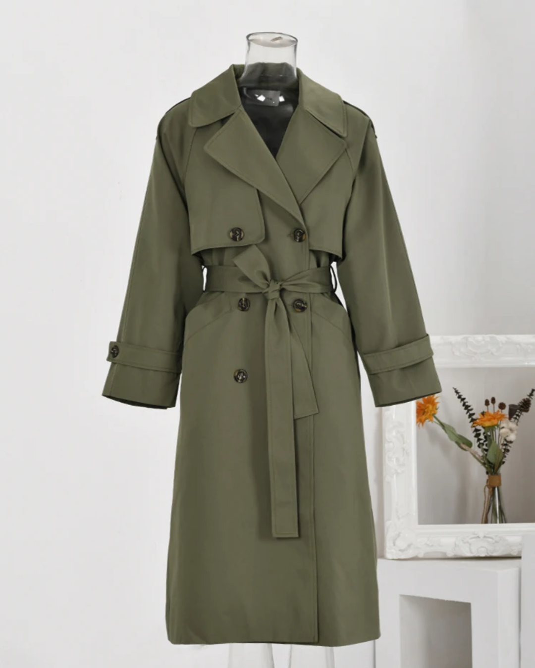 Double Breasted Solid Color Trench Coat Green S 