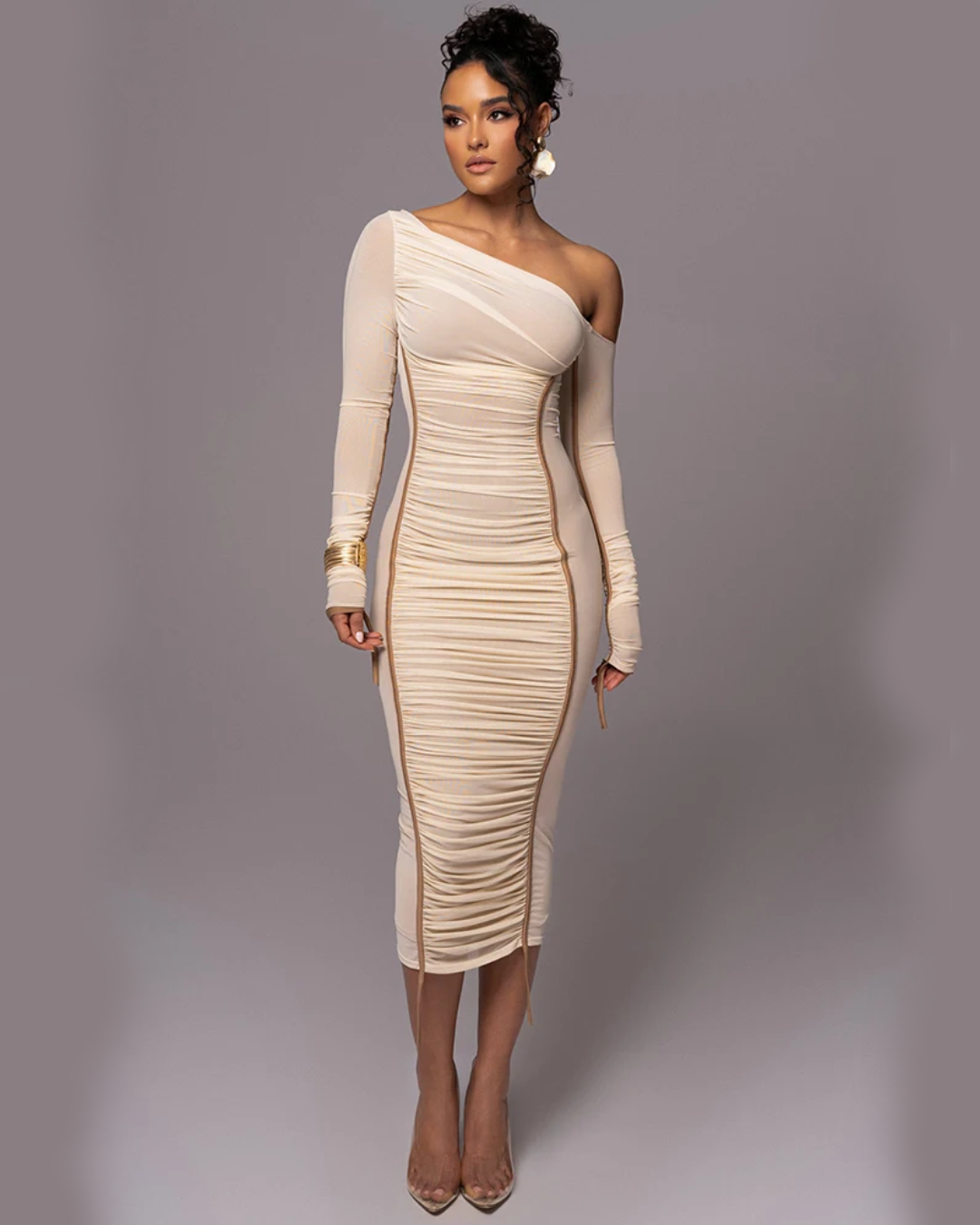 Diagonal Collar Long Sleeve Backless Midi Dress White S 