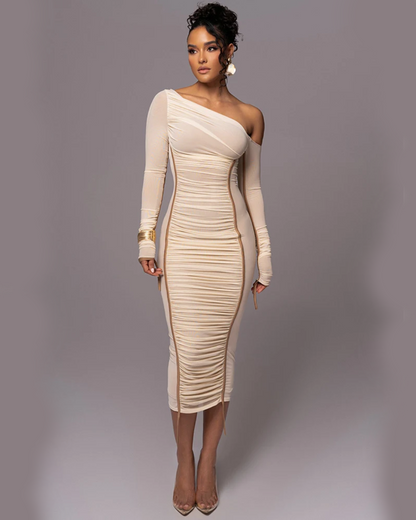 Diagonal Collar Long Sleeve Backless Midi Dress White S 