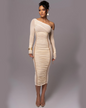 Diagonal Collar Long Sleeve Backless Midi Dress White S 