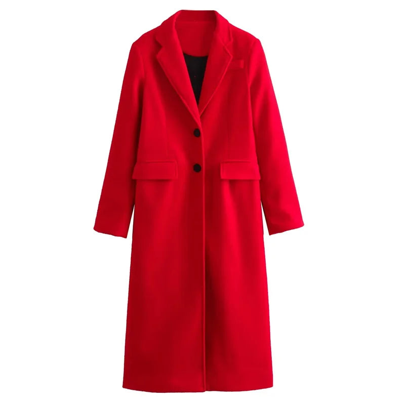 Red Faux Wool Casual Long Sleeve Coat Red M