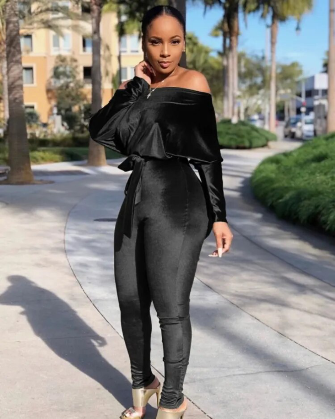 One Shoulder Velour Jumpsuit Black S 