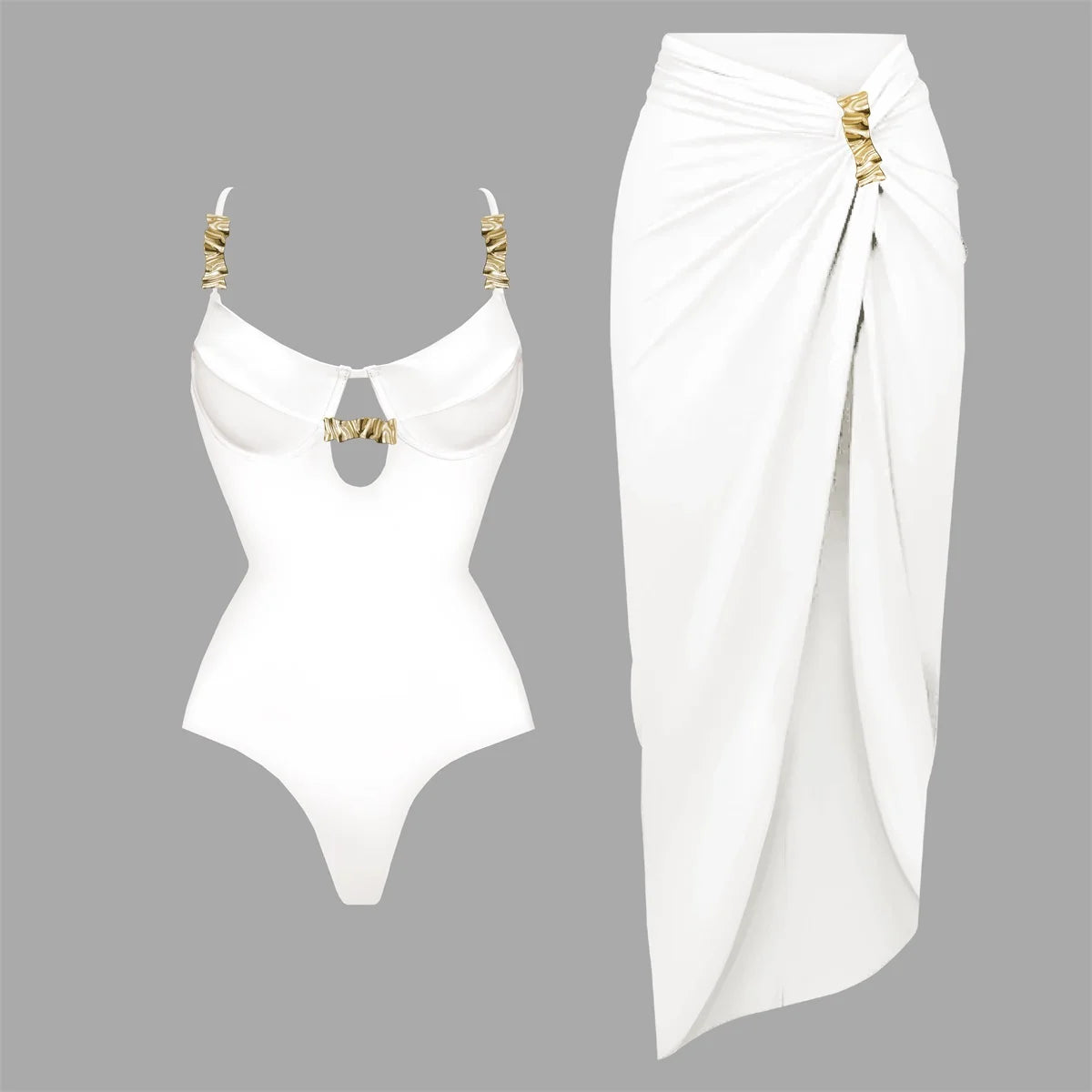 Buckled Swimsuit And Long Skirt S White