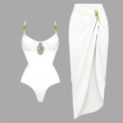 Buckled Swimsuit And Long Skirt S White