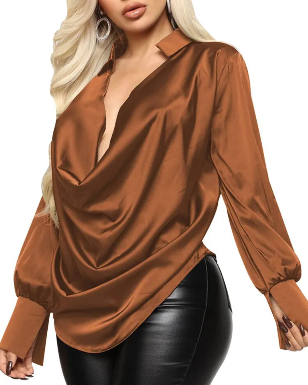 Deep V-Neck Solid Color Shirt Brown S 