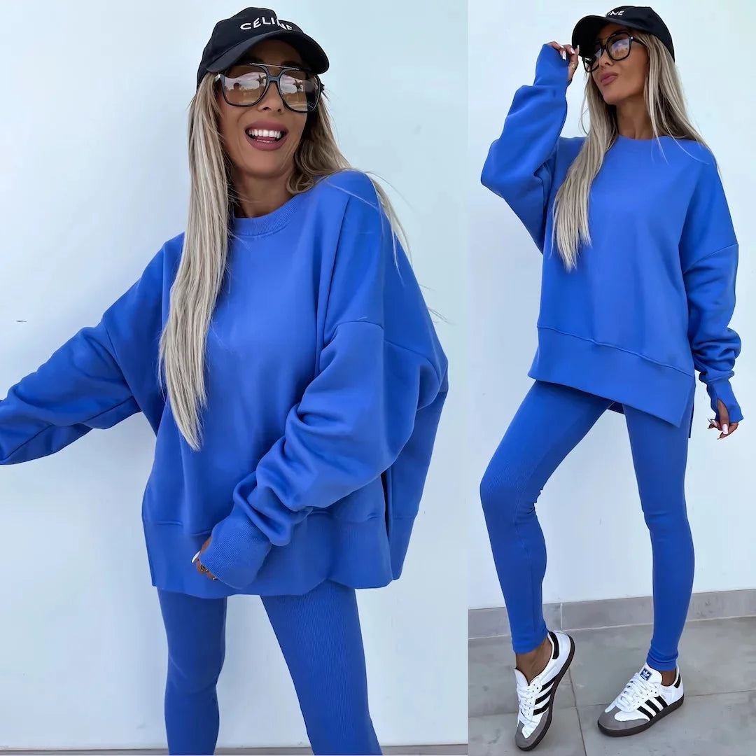 Long Sleeve O-Neck Pullover Sweatshirt 2-Piece Outfit Blue L