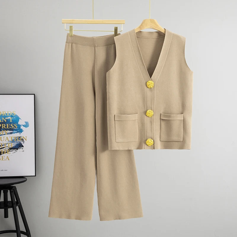 Golden Button Two Piece Set Khaki One Size
