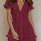 Deep V-Neck Tunic Waist Short Sleeve Red XL