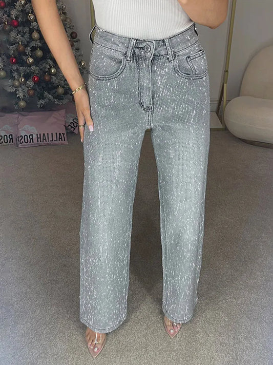 Shiny Rhinestone Wide Leg Jeans
