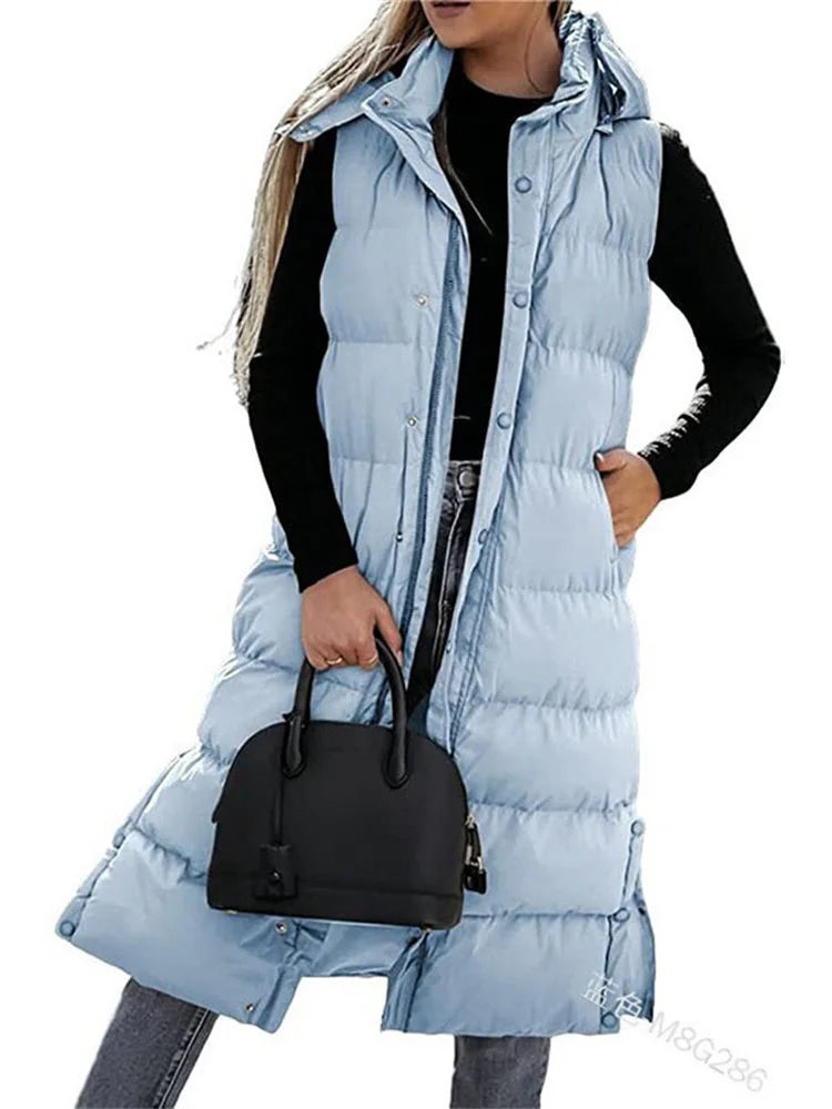 Long Hooded Sleeveless Puffer Jacket